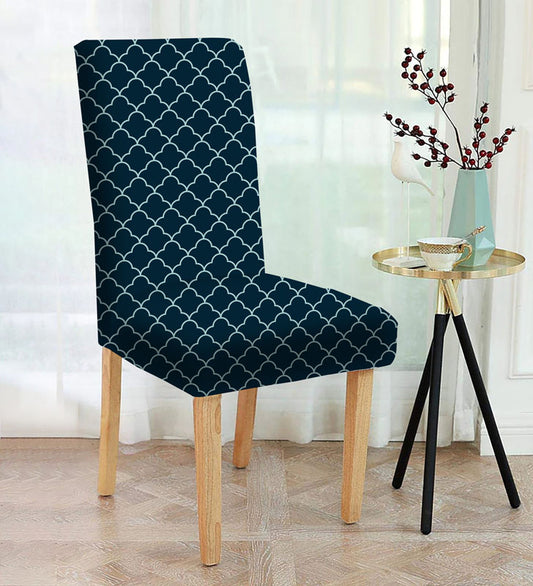 Blue and white patterned chair cover on a chair