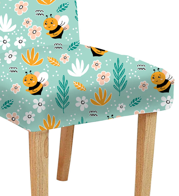 Bee print chair covers: Vibrant yellow covers adorned with black bees, adding a playful touch to any chair.