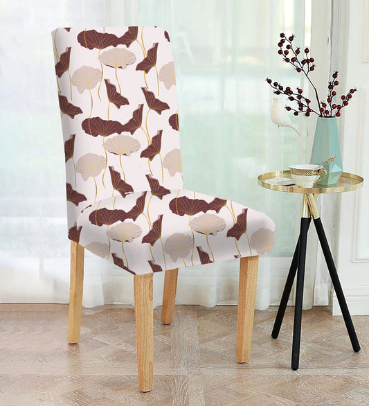 Brown and white patterned chair against a neutral background.