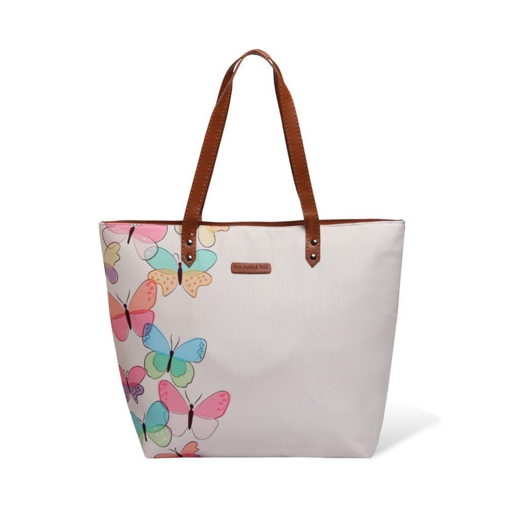 Stylish tote bag with a colorful butterfly print, a fun and practical accessory for any occasion.