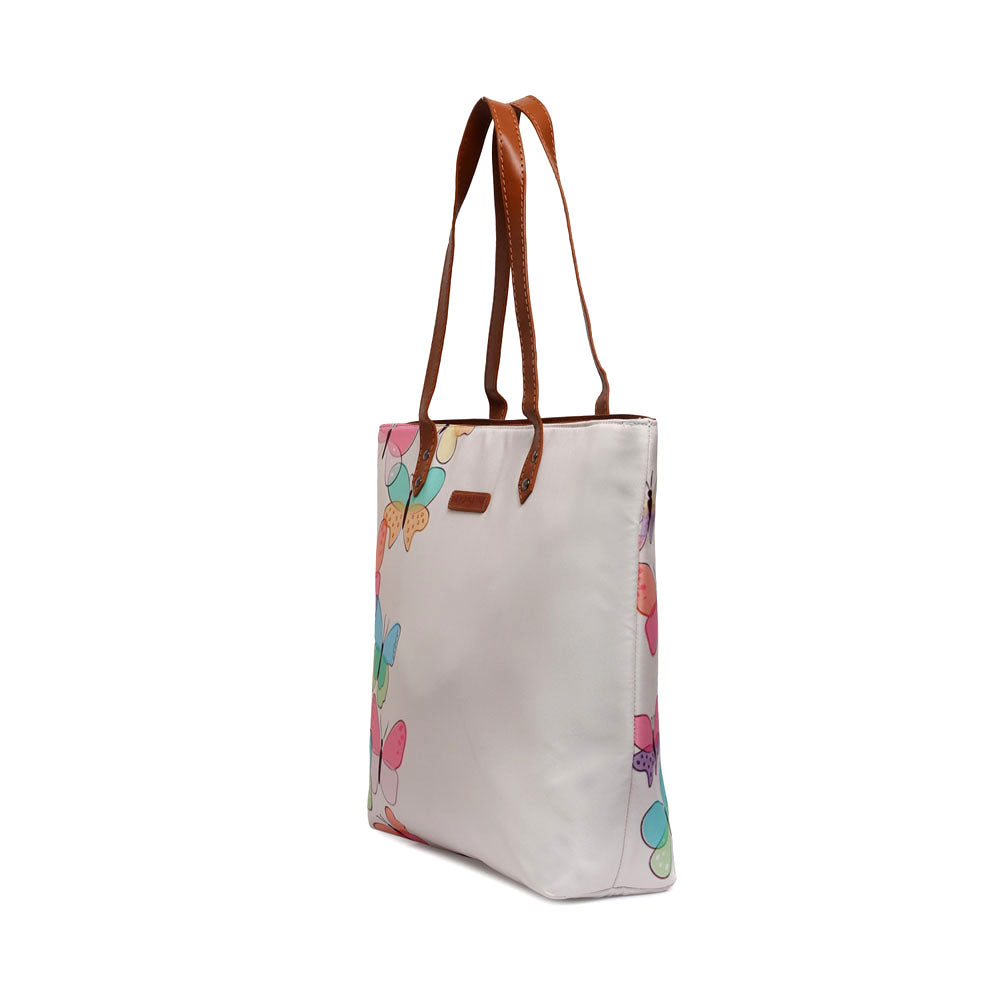 Colorful butterfly print tote bag, perfect for carrying essentials on the go.