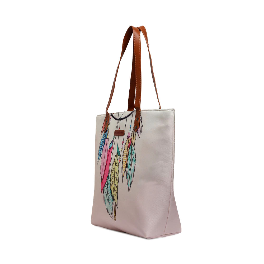 Colorful dream catcher motif on tote bag.