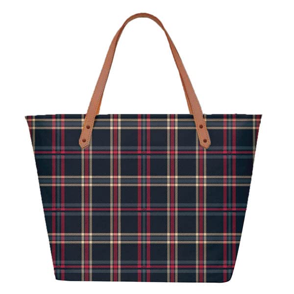 Trendy navy blue and red plaid tote bag, great for adding a pop of color to your outfit.