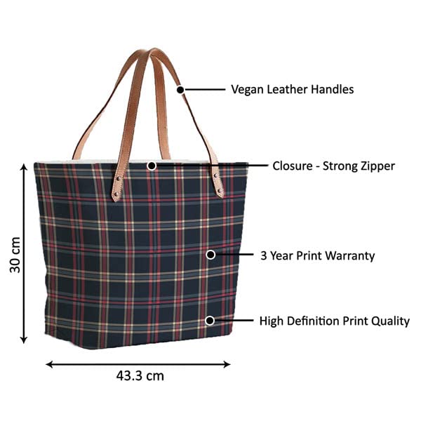 Fashionable tote bag featuring navy blue and red plaid pattern, a must-have accessory.