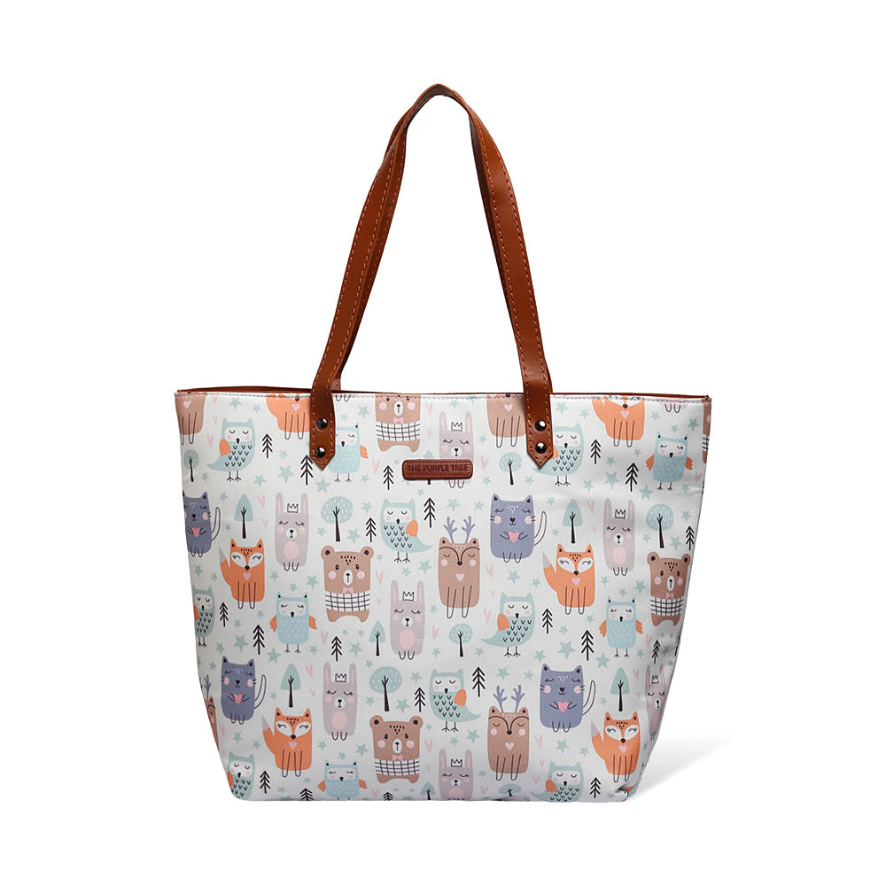 An attractive white tote bag showcasing a delightful animal pattern, perfect for animal lovers.