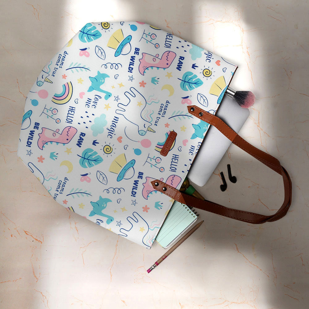Stylish white tote featuring a whimsical unicorn design, a must-have accessory for unicorn lovers.