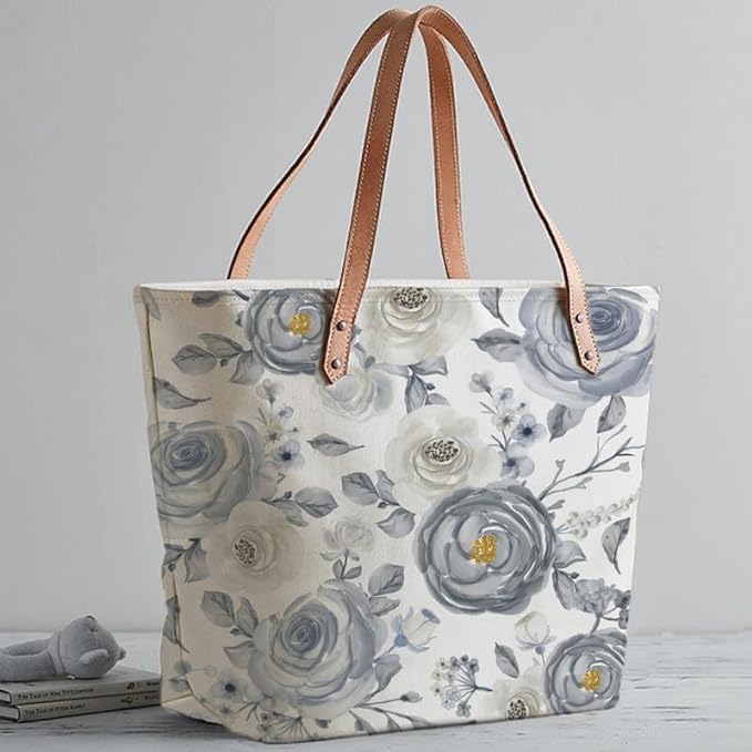 Trendy white and blue floral print tote bag, a must-have for fashion-forward individuals.