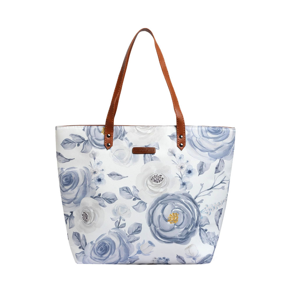 Elegant white and blue floral print tote bag, a versatile addition to your accessory collection.