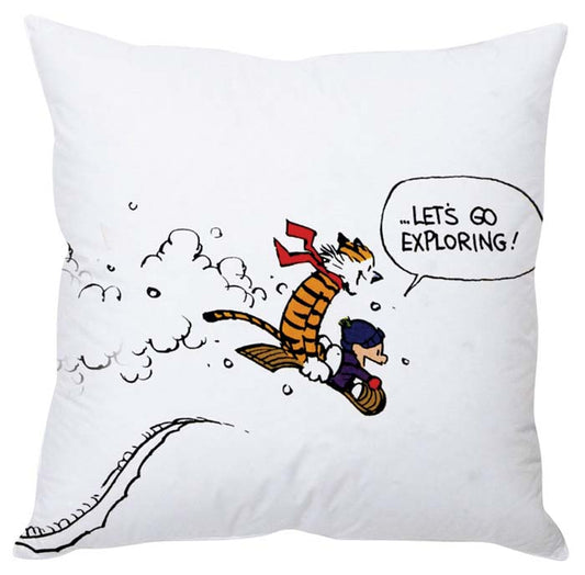 A cute cartoon cat and dog snuggled together on a pillow.