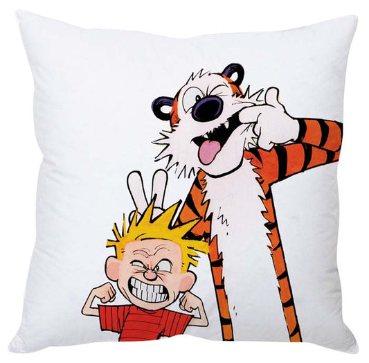 A playful cartoon boy with his stuffed tiger friend, Calvin and Hobbes having fun together