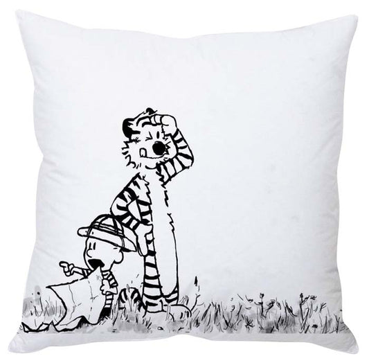 Kids Cushion Cover featuring a white pillow with a cute drawing of a tiger and child.