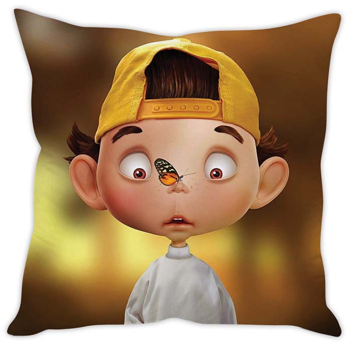 A decorative pillow with a boy and a butterfly on it, designed for kids.
