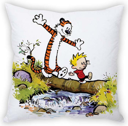 Quirky Calvin and Hobbes pillow cover showcasing the beloved characters in a fun and nostalgic print.