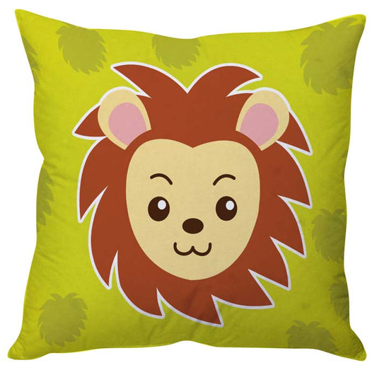 Lion pillow on green background, perfect for adding a touch of wildlife to your home decor.