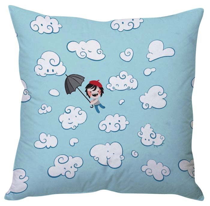 Cartoon character pillow soaring through fluffy clouds in the sky.