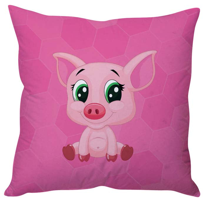 Pink pillow with cartoon pig design, perfect for adding a touch of whimsy to any room decor.