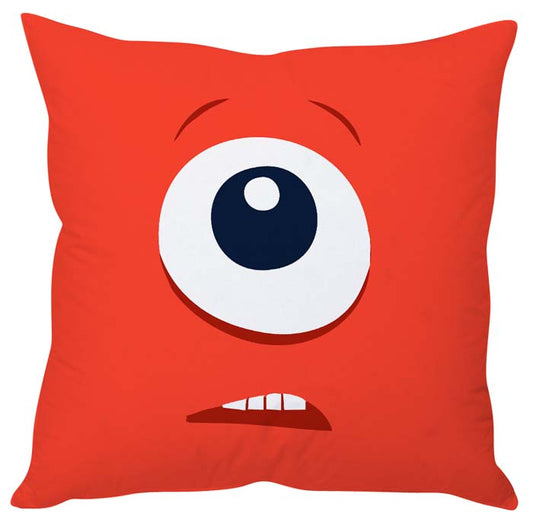 Red cushion with eye design, perfect for adding a touch of whimsy to your home decor.