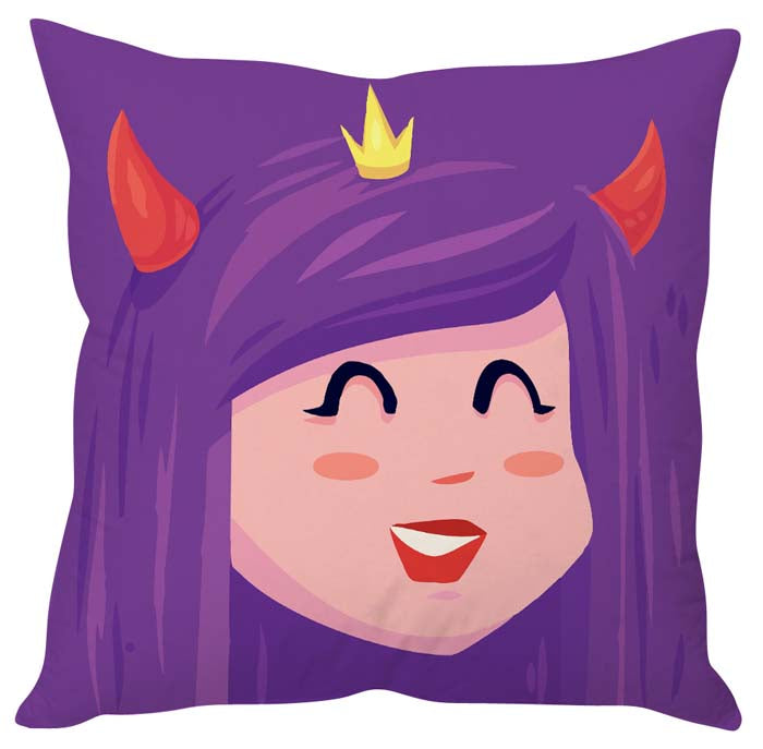 Adorable purple pillow with cartoon horns.