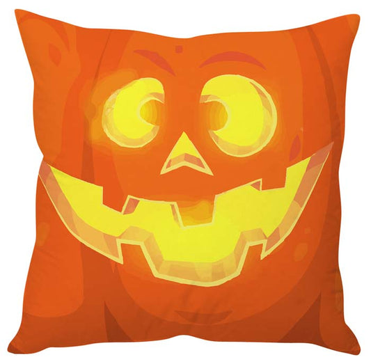 Cozy pumpkin pillow with a happy face design.