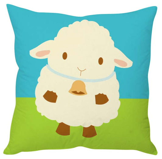 Sheep pillow on blue and green background.