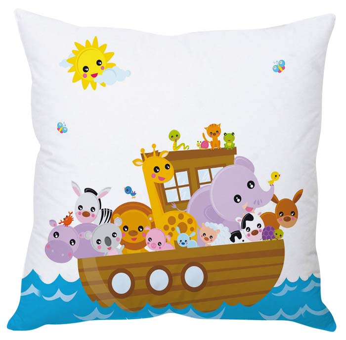 Decorative pillow featuring animals cruising on a boat.
