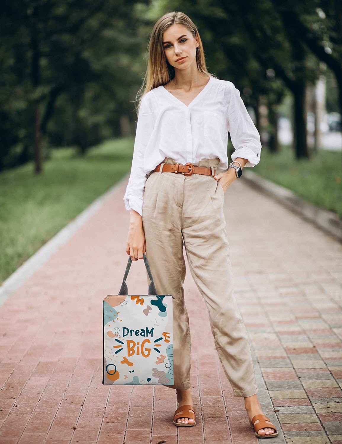 Women carrying a Dream big quote print on Documents holder file bag 