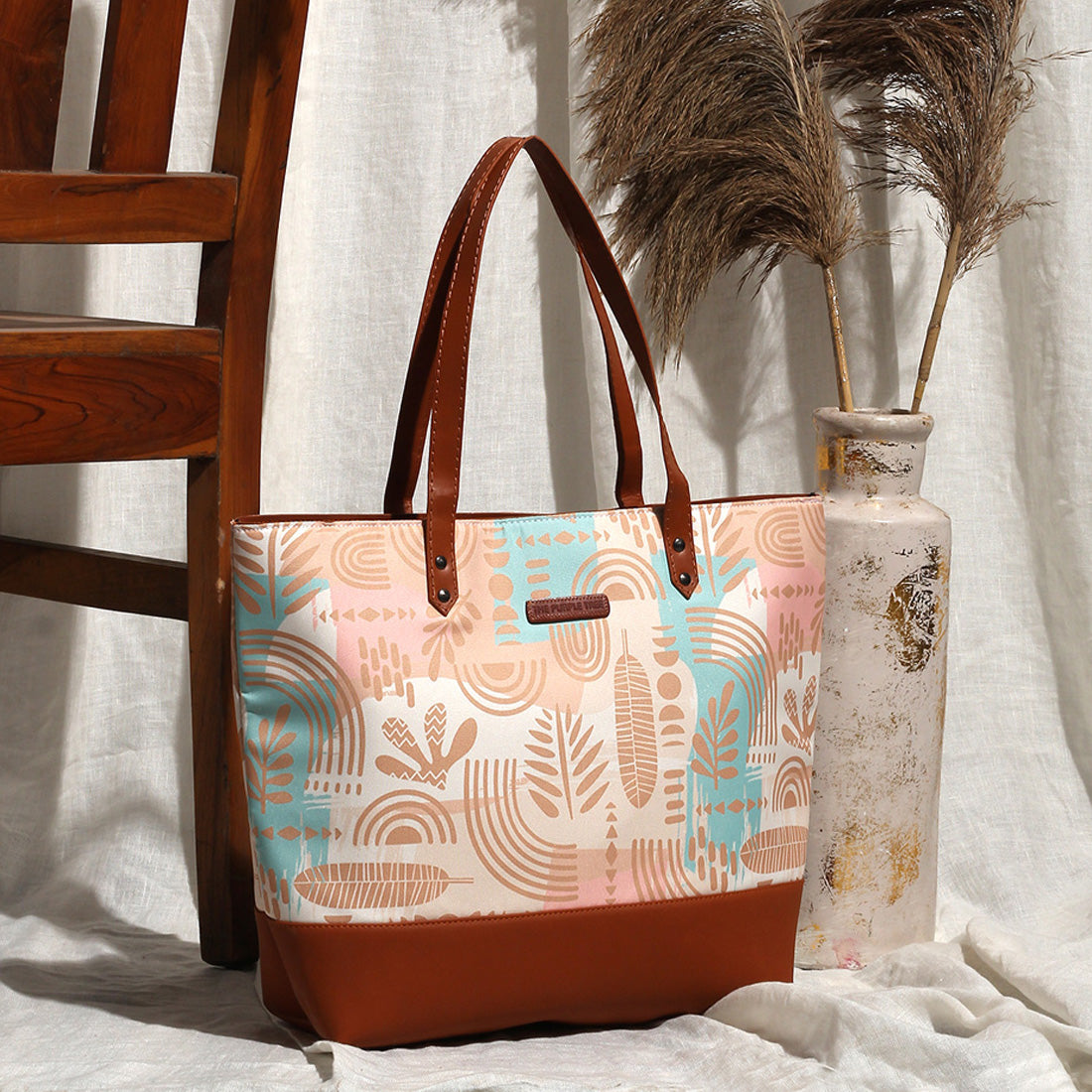 Light blue and pink patterned tote bag