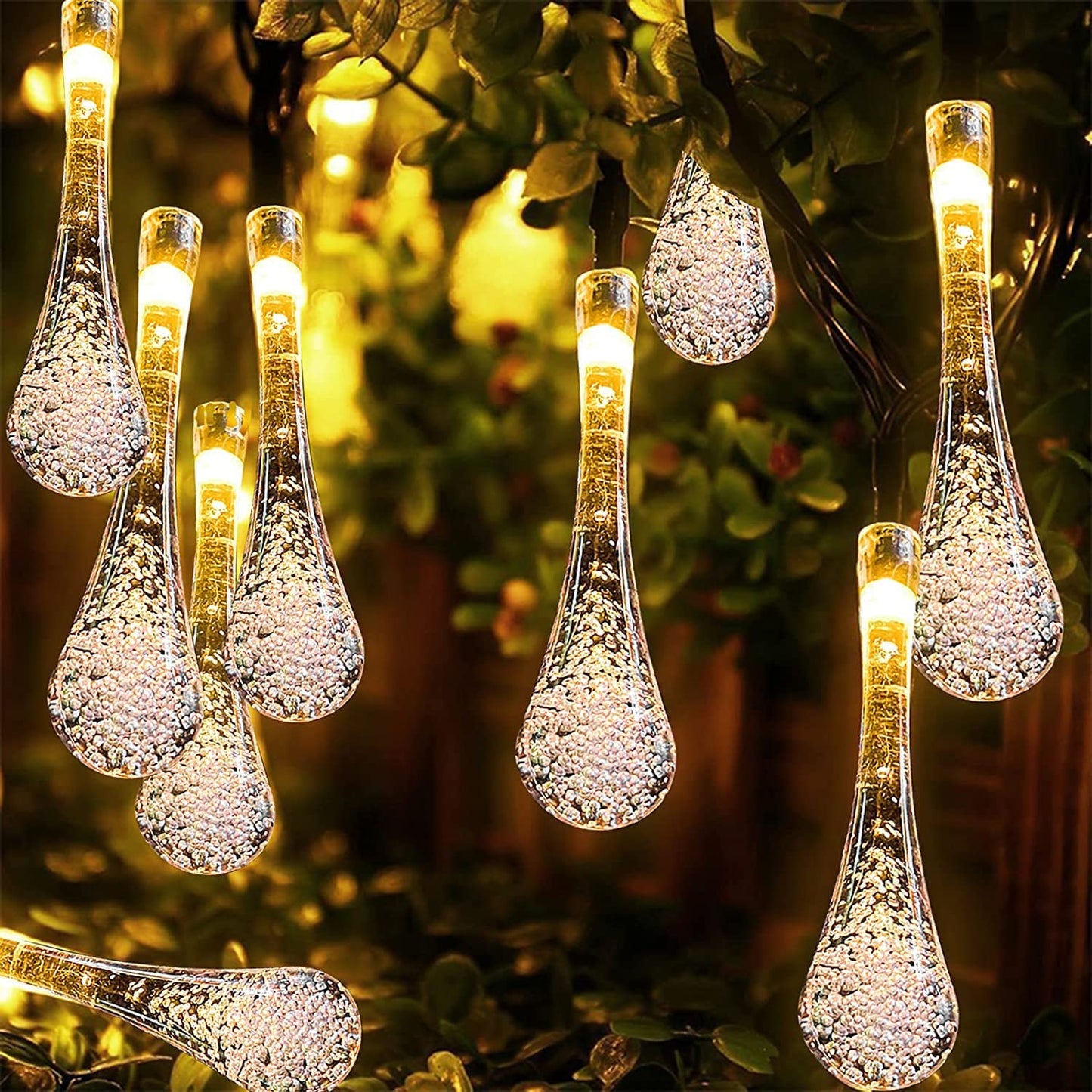 Illuminated glass drops creating a beautiful display.