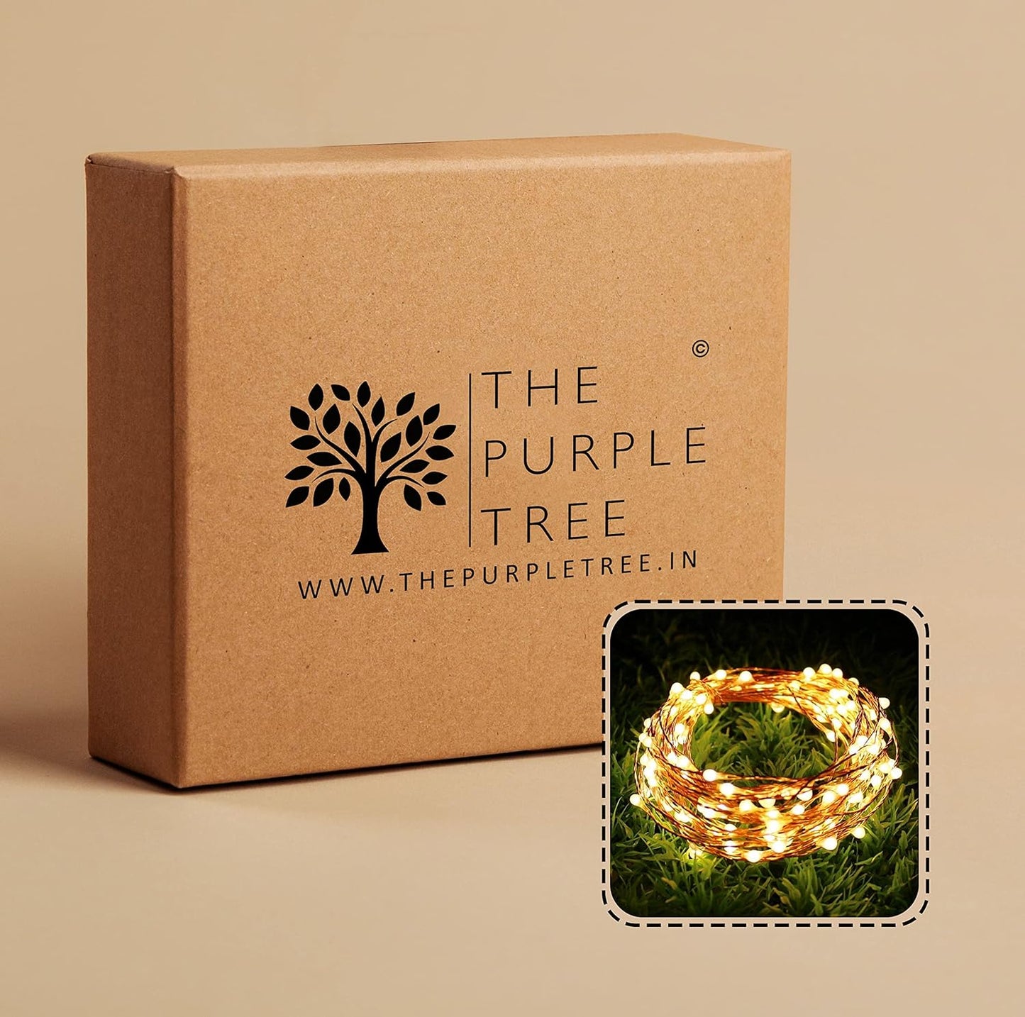 A box containing a lighted tree with purple hue.