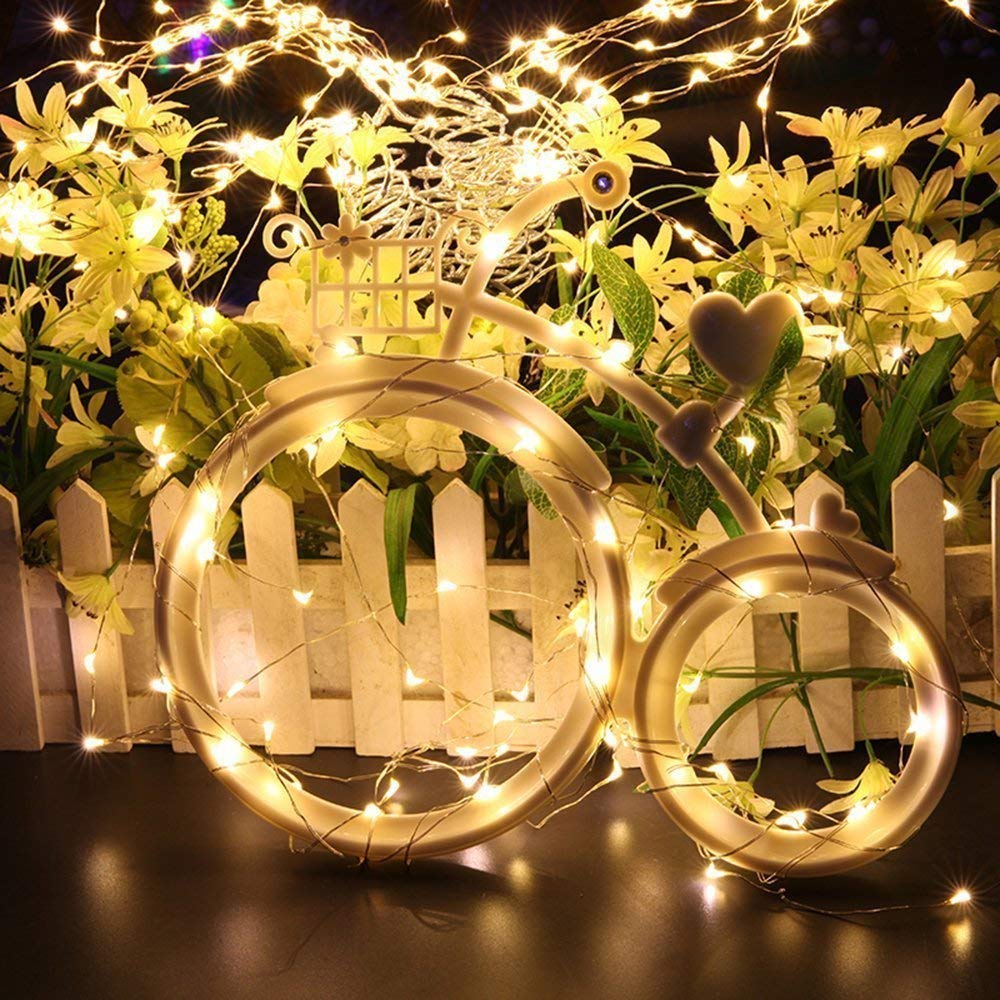 A bicycle with decorative lights parked in front of beautiful flowers.