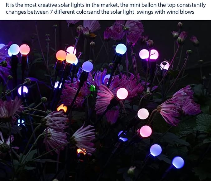 Bright and colorful solar powered lights enhancing the ambiance of a garden at dusk.