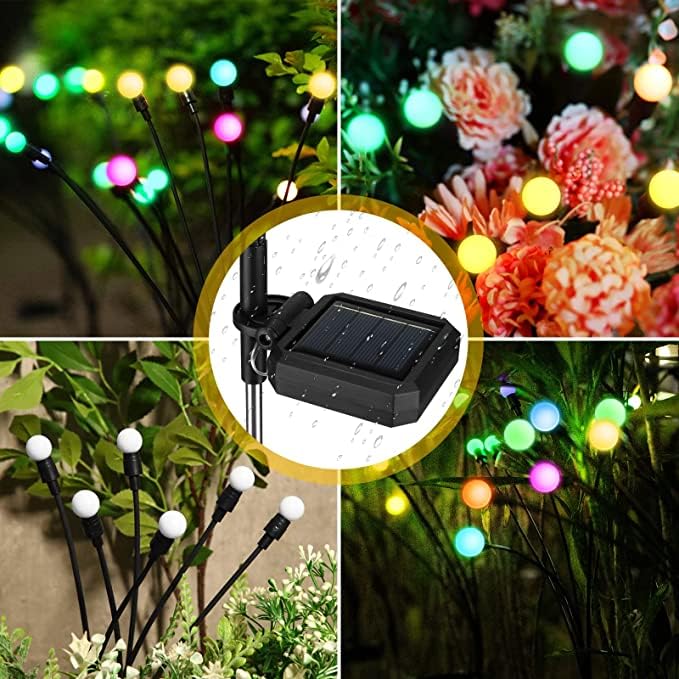 Solar powered lights casting a colorful glow in the garden.