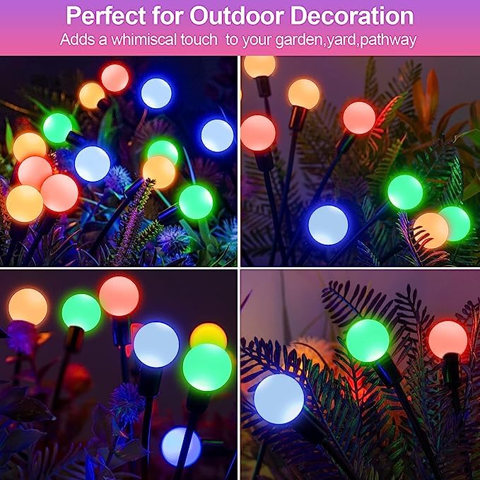 Solar garden lights with colorful lights shining brightly in the dark night.