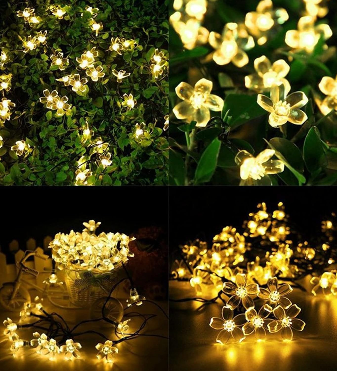 A collection of vibrant lights illuminating colorful flowers in a garden.