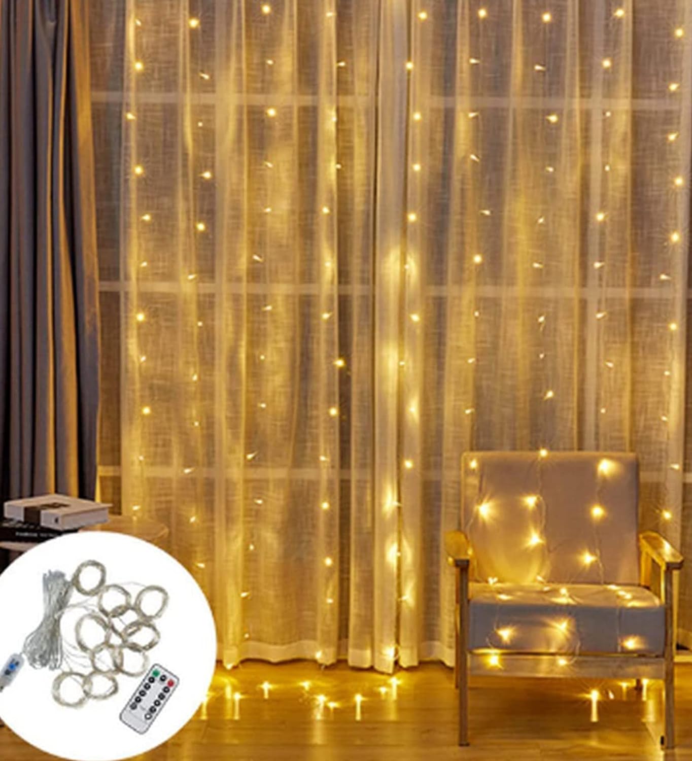  A room with a chair and curtain, illuminated by gentle twinkling lights.