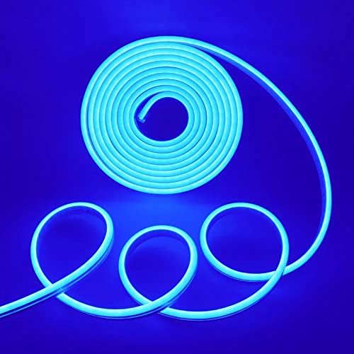  Electric blue neon light strip with double ends illuminated.