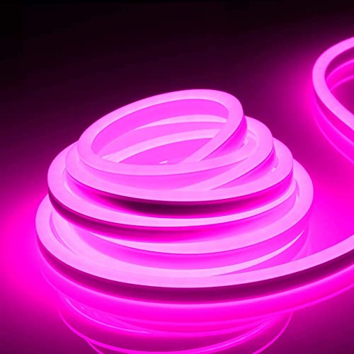 A pink neon light glowing against a white background.