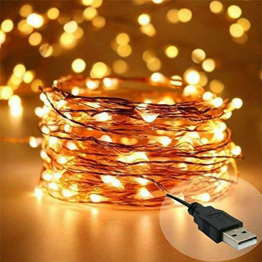 A USB cable connected to a string of lights.