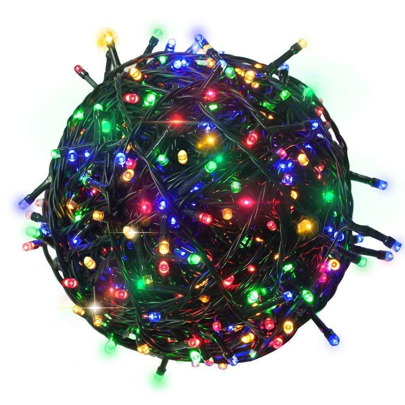 Multi-colored Christmas lights formed into a ball shape.