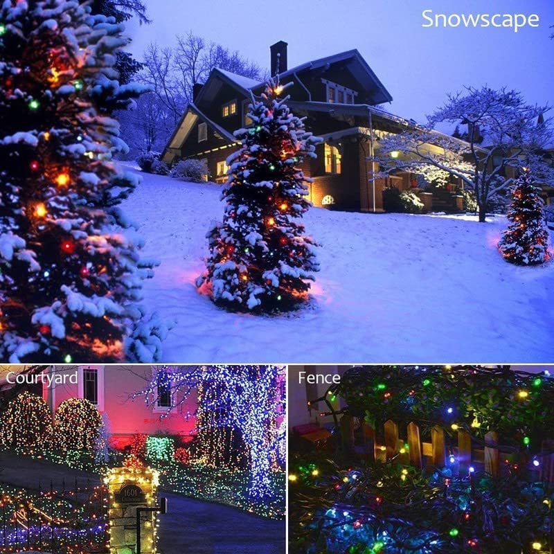 Winter scene with snow and festive lights creating a magical Christmas atmosphere.