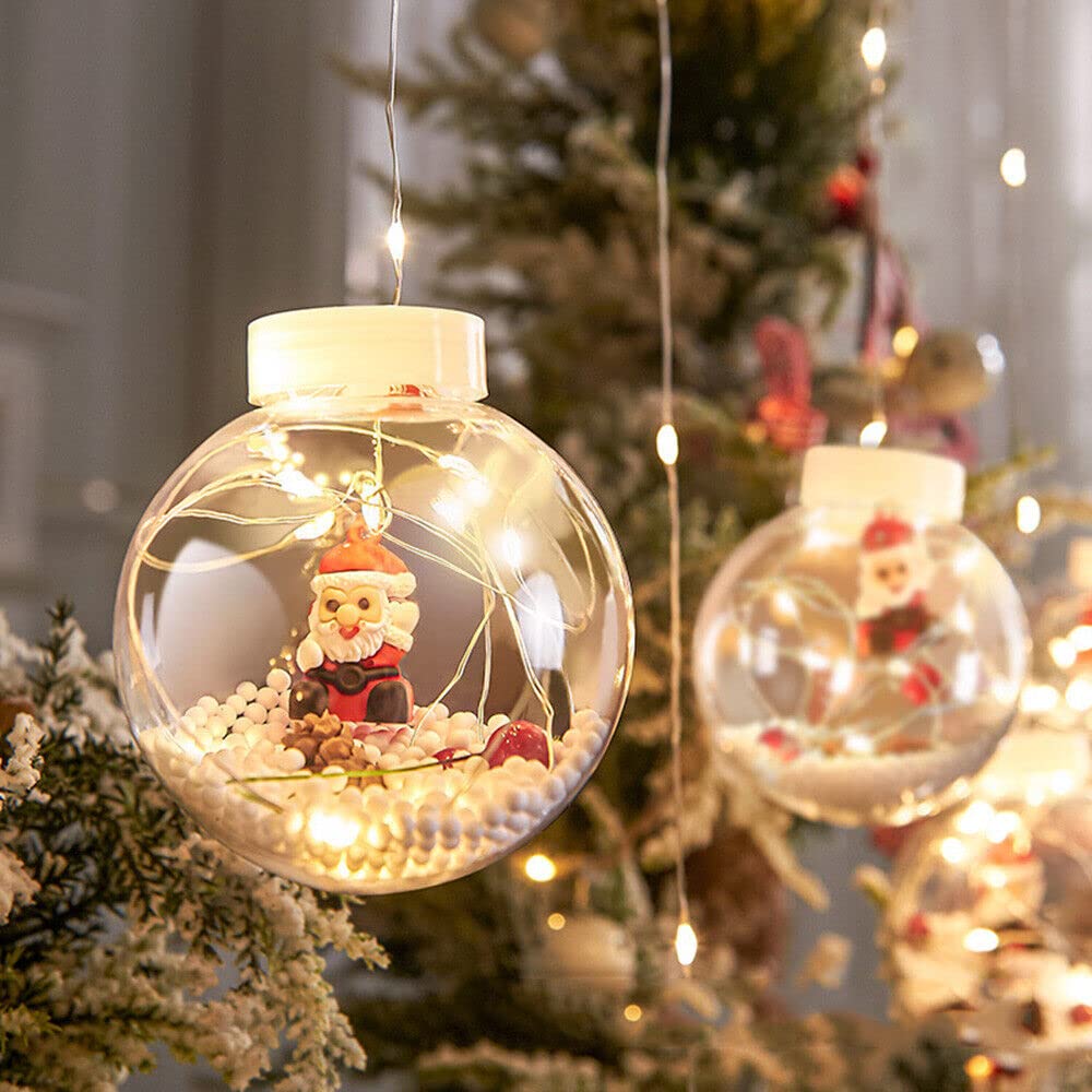 Christmas ornament suspended from ceiling with glowing lights.