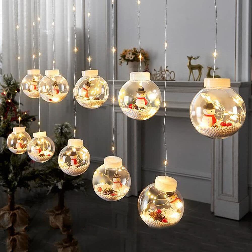  A festive Christmas ball hanging from a ceiling with twinkling lights.