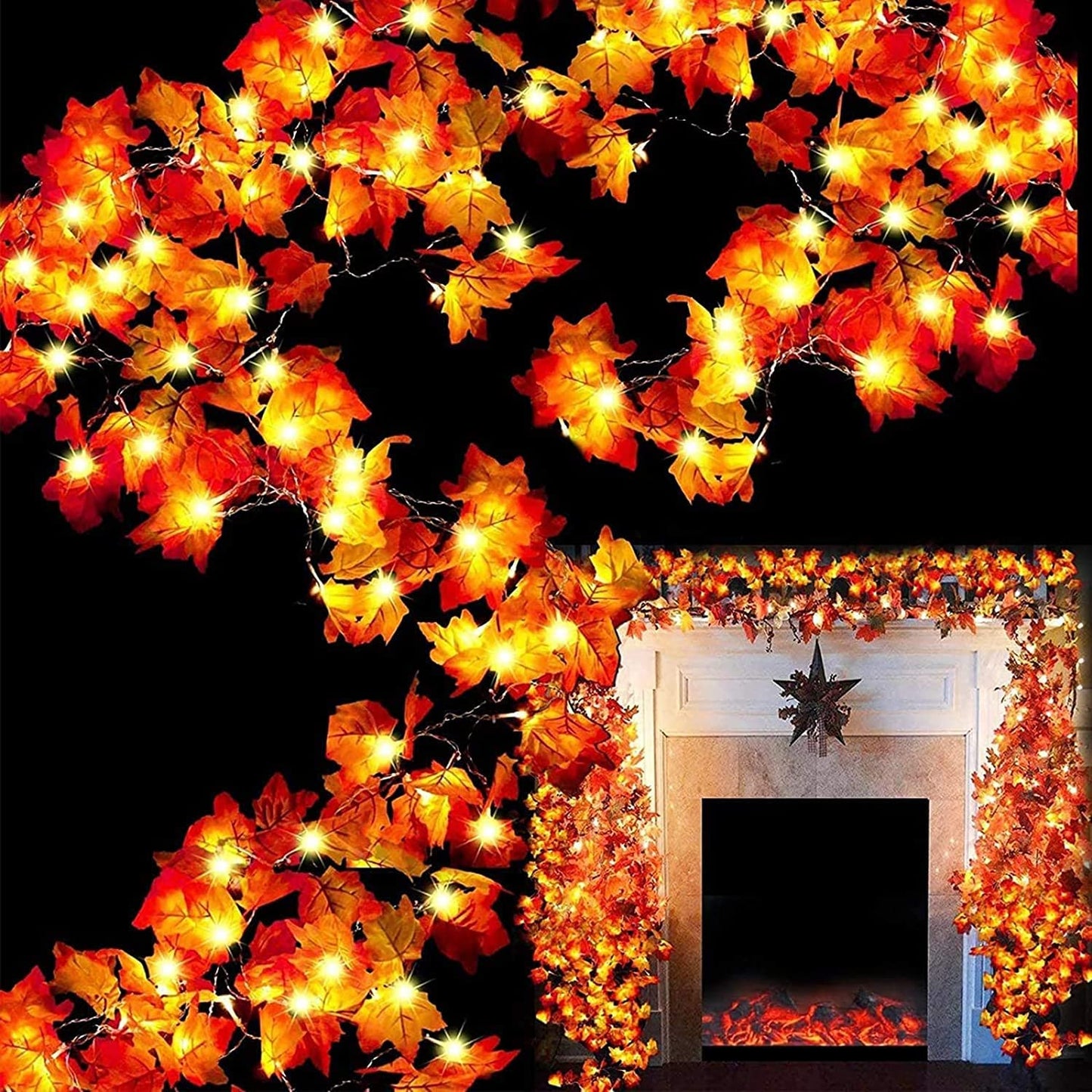  Autumn leaves intertwined with glowing string lights for decoration.
