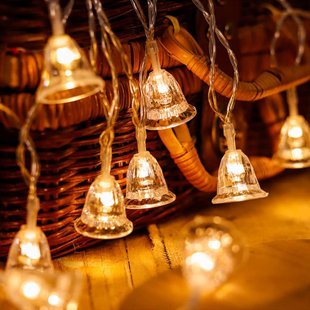 Colorful lights and a bell nestled in a charming basket.