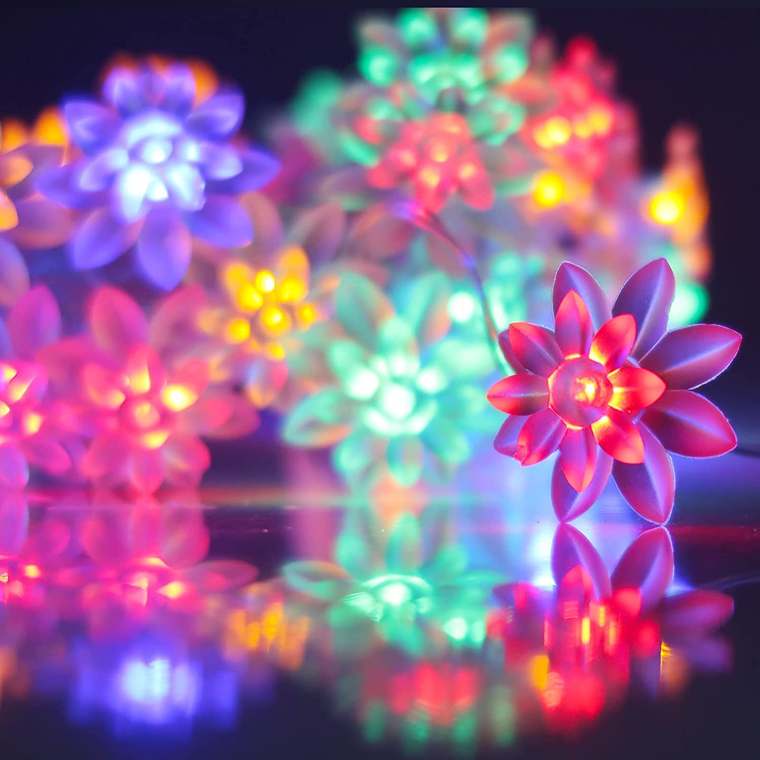 Colorful string lights with flower centerpiece, perfect for adding a festive touch to any space.