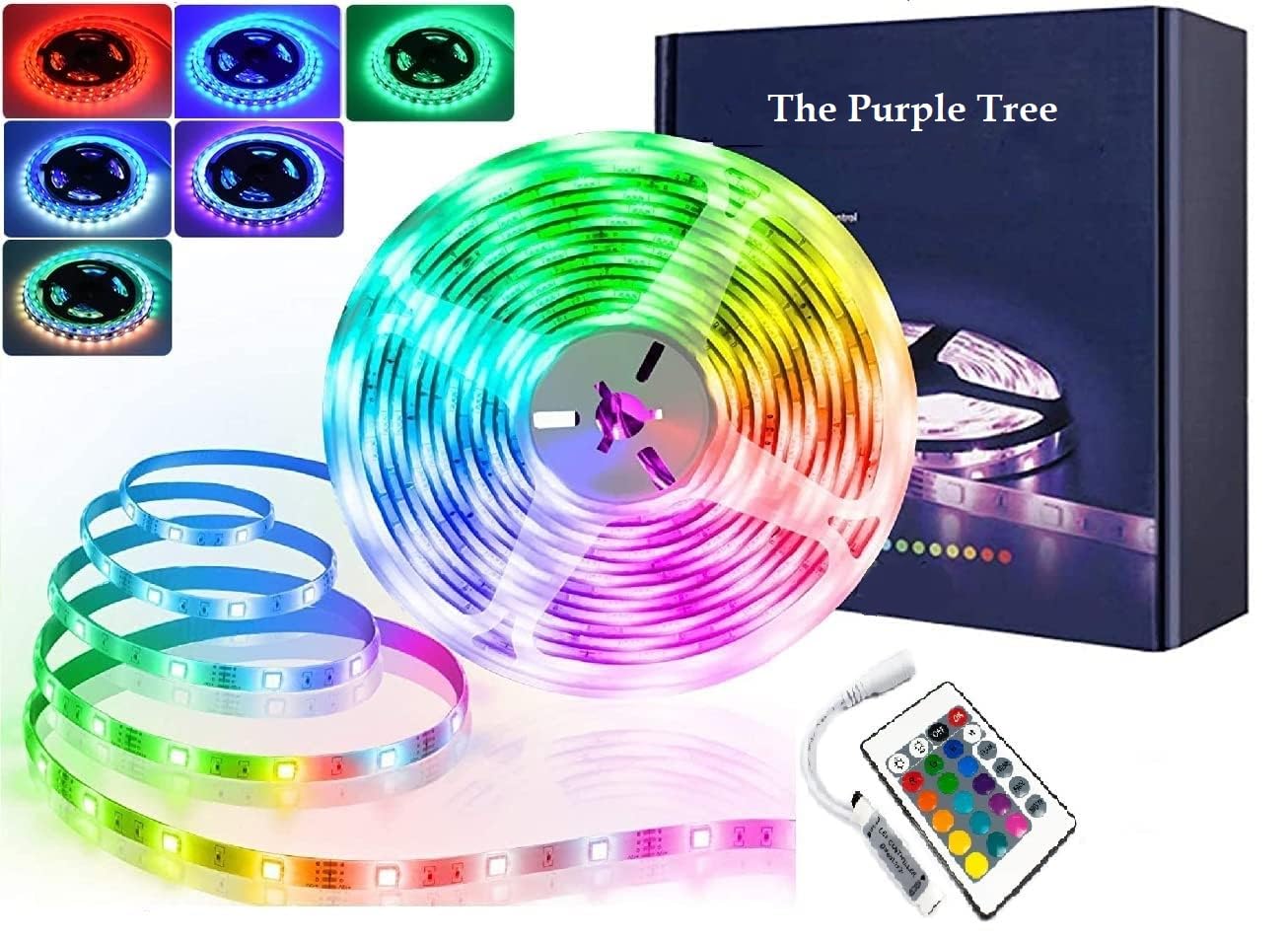  An image showing a purple tree LED strip light kit with remote control.