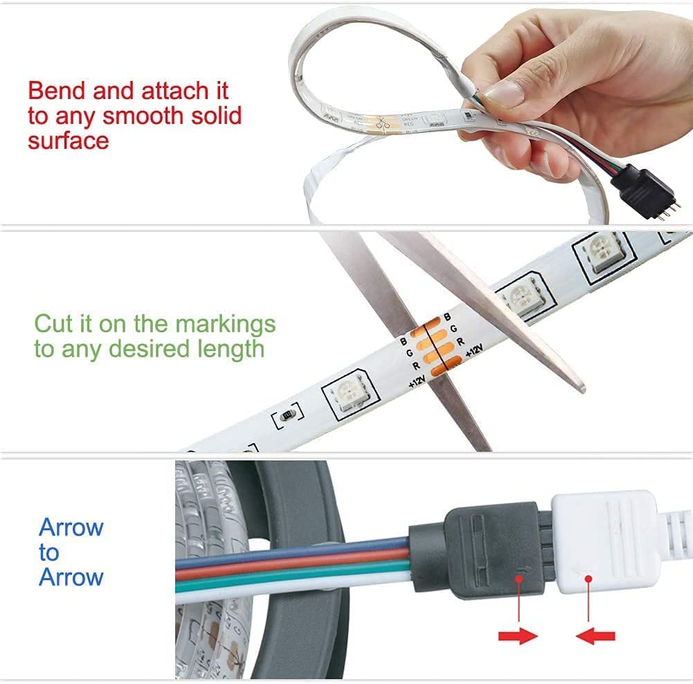 Various LED strips displayed with instructions on usage.