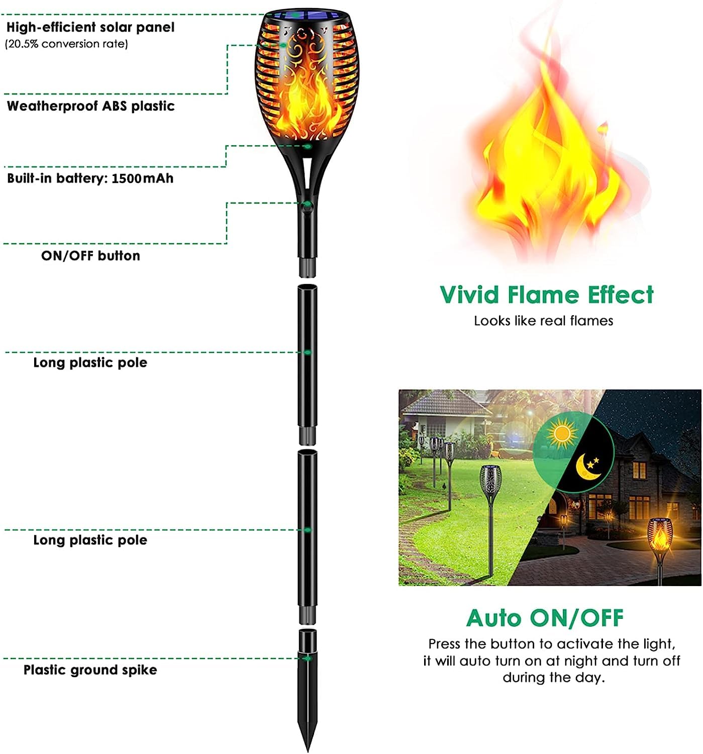 Solar powered outdoor fire stick with adjustable flame, perfect for eco-friendly outdoor lighting.