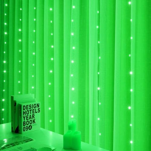 Vibrant green curtain adorned with twinkling LED lights.