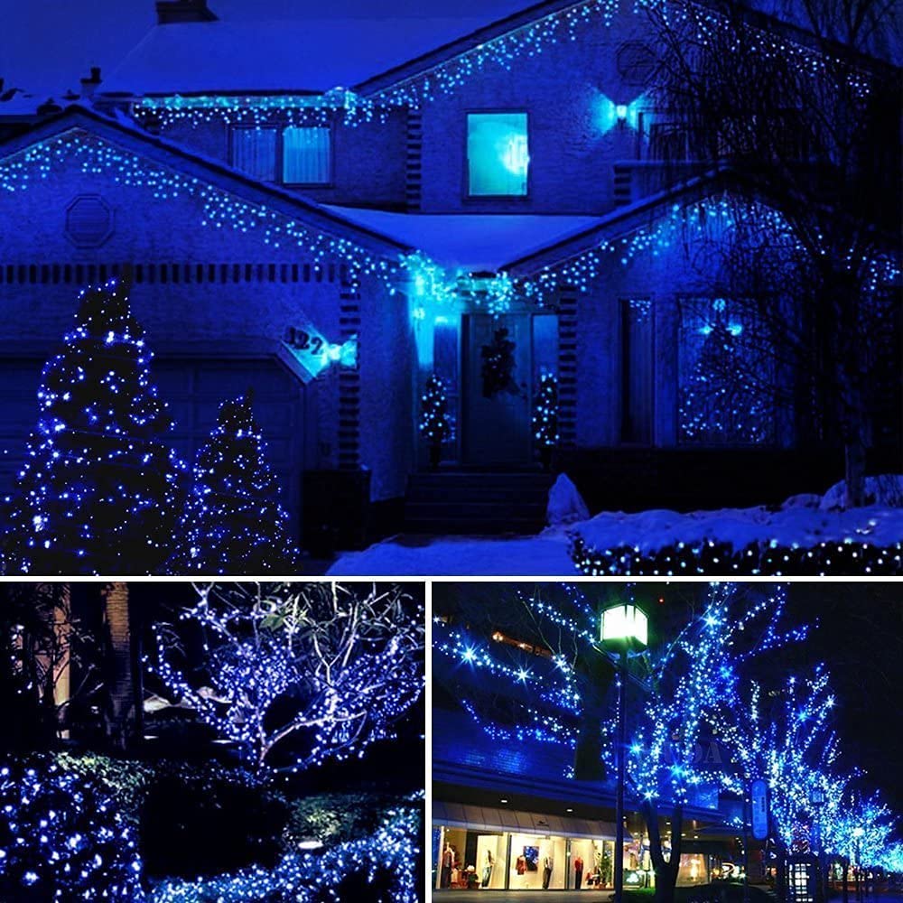 Bright blue LED Christmas lights shining in the dark, adding a festive touch to your holiday decorations.